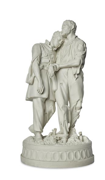 (MILITARY--CIVIL WAR.) After John Rogers, sculptor. [Wounded Scout: A Friend in the Swamp.]